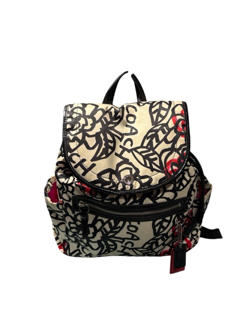 Coach Poppy Graffiti Floral Print Backpack Black White Pink F16582